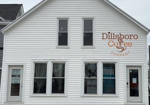 White building with "Dillsboro Coffee Company" logo.